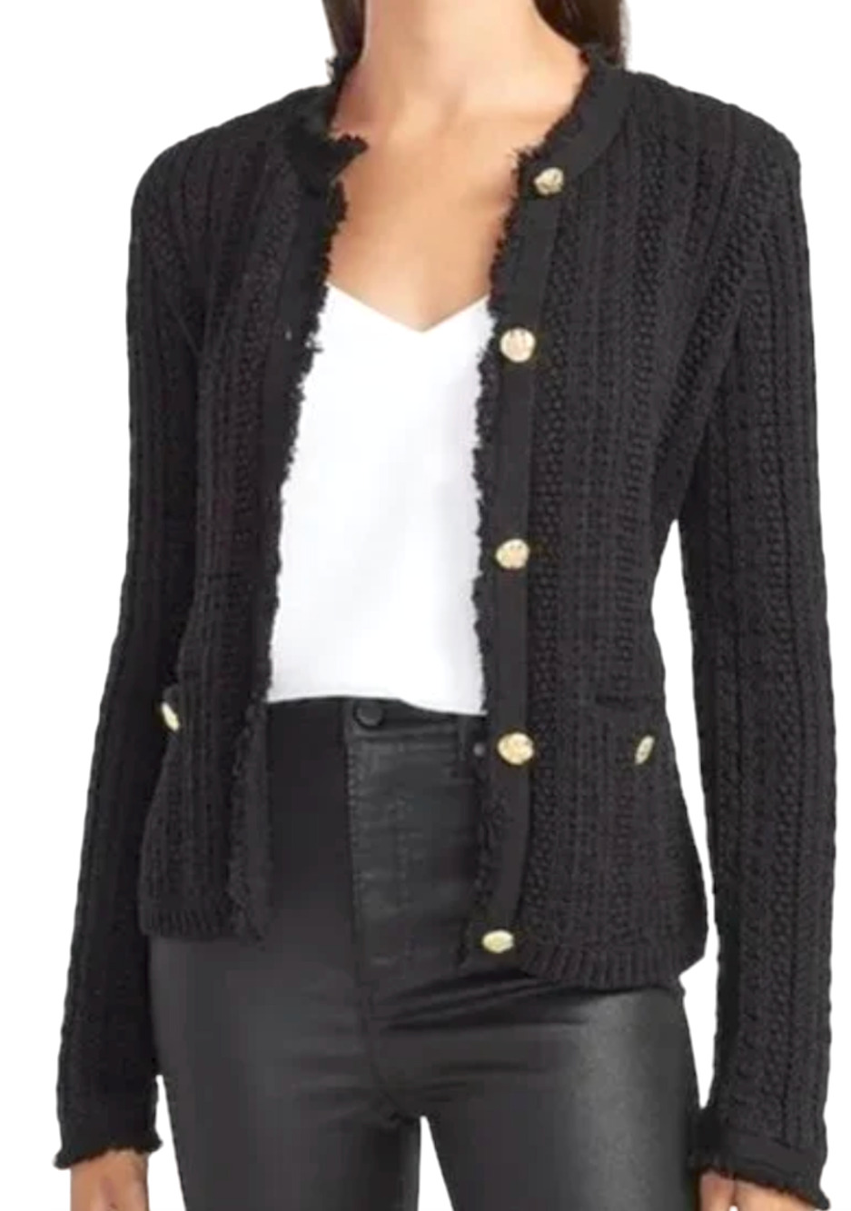 NEW EXPRESS BLACK TEXTURED EMBELLISHED BUTTON FRINGE SWEATER JACKET CARDIGAN M